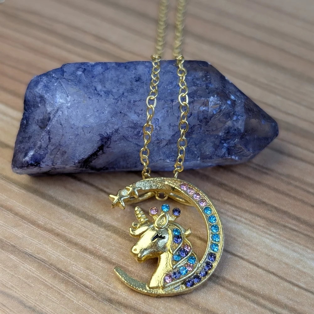 Unicorn princess Crescent moon rainbow rhinestone pendant necklace For Girls
